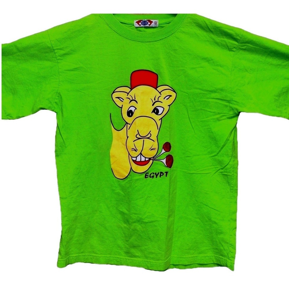 Vintage 90s Egypt Travel Camel Fez Hat T-Shirt Neon Green Size M Habibi C&I Tee